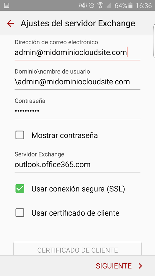 configurar cuenta de Exchange Office 365 en Android